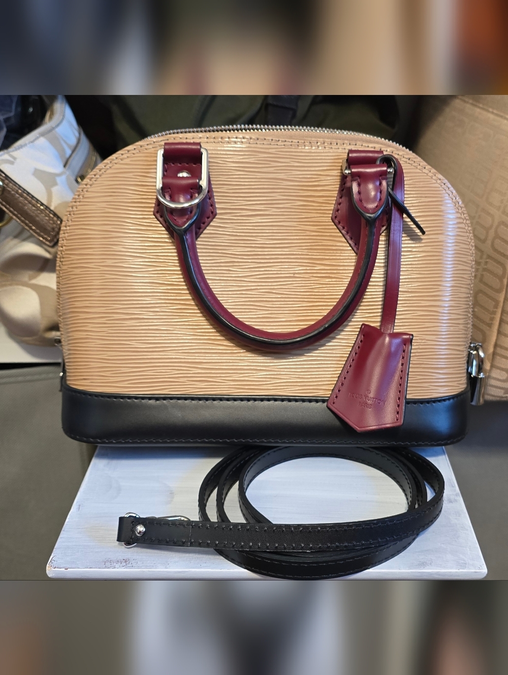 LV ALMA BB TRI-COLOR BORDEAUX Leather Satchel Bag in Beige with Burgundy Accents